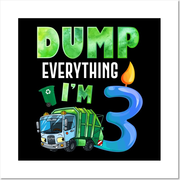 Recycling Trash 3 Years Old Garbage Truck 3rd Birthday Kids Wall Art by ReneeShitd